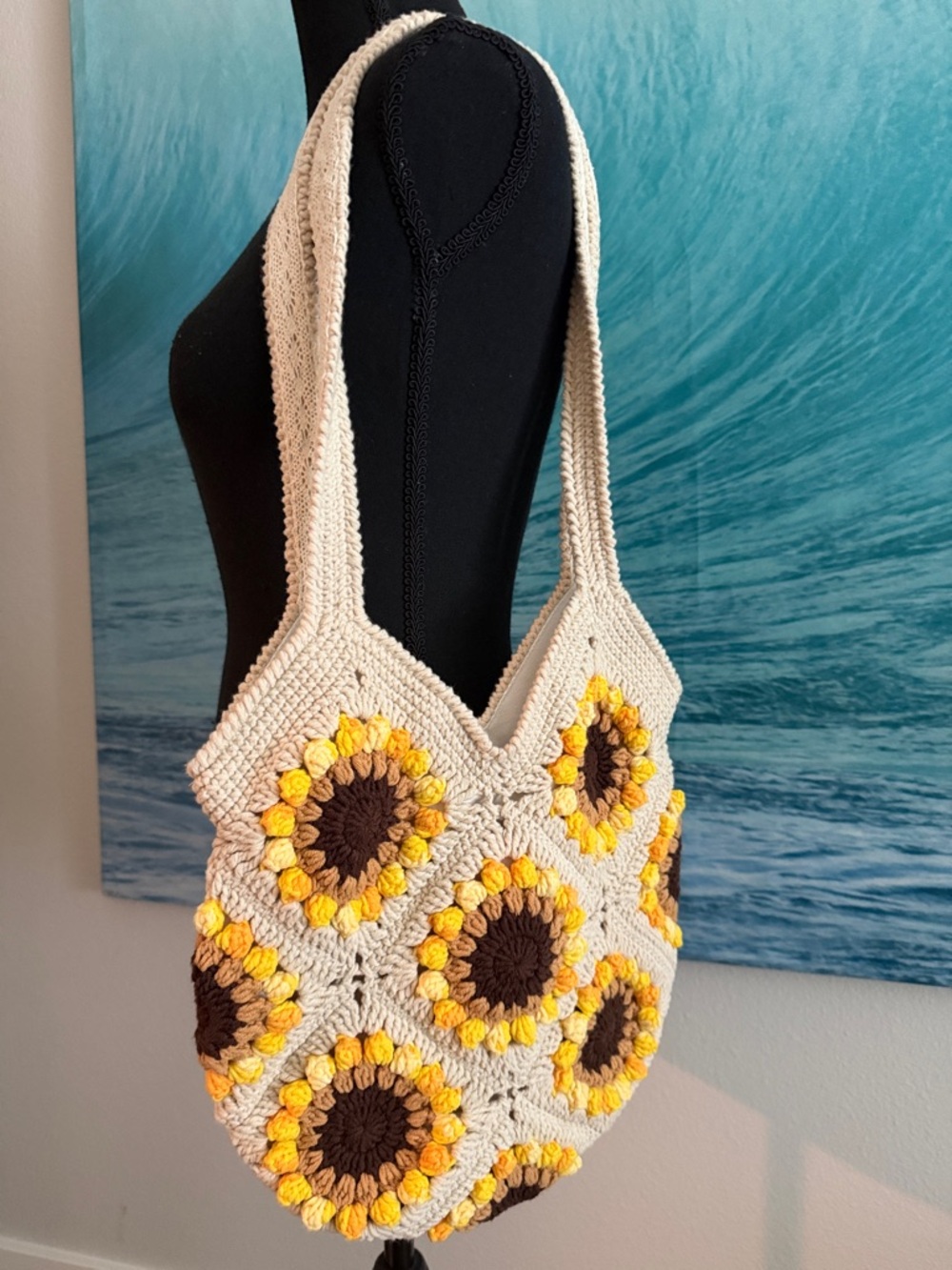 Cream Crochet Sunflower Shoulder Bag with Yellow & Brown Accents